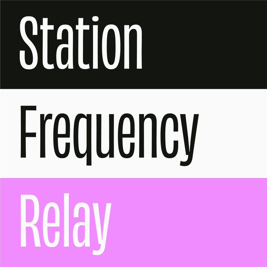 The names of brand colours, a black named "Station", a white named "Frequency", and a vivd pink named "Relay".