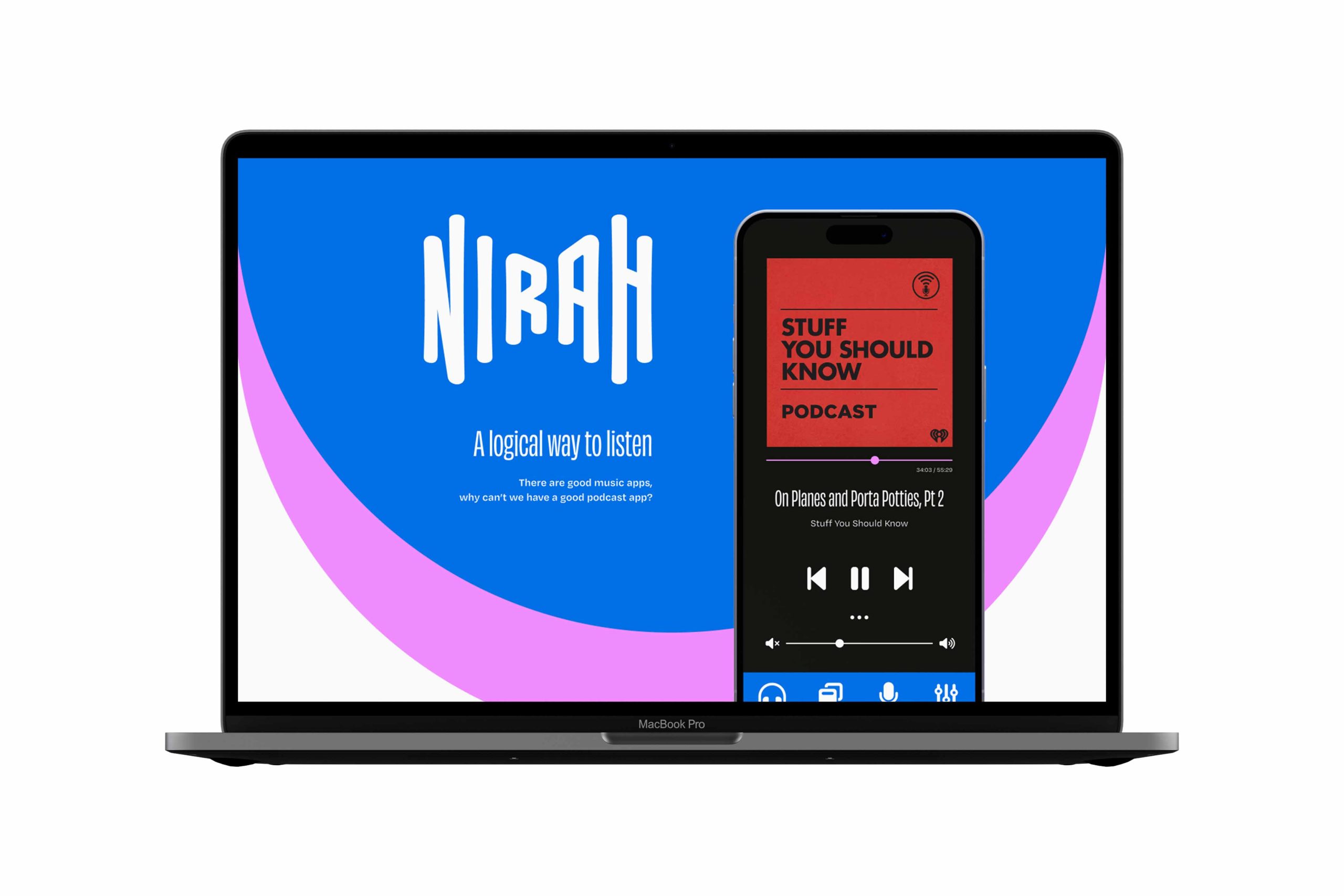 A MacBook showing a promotional website for the Nirah podcast application.