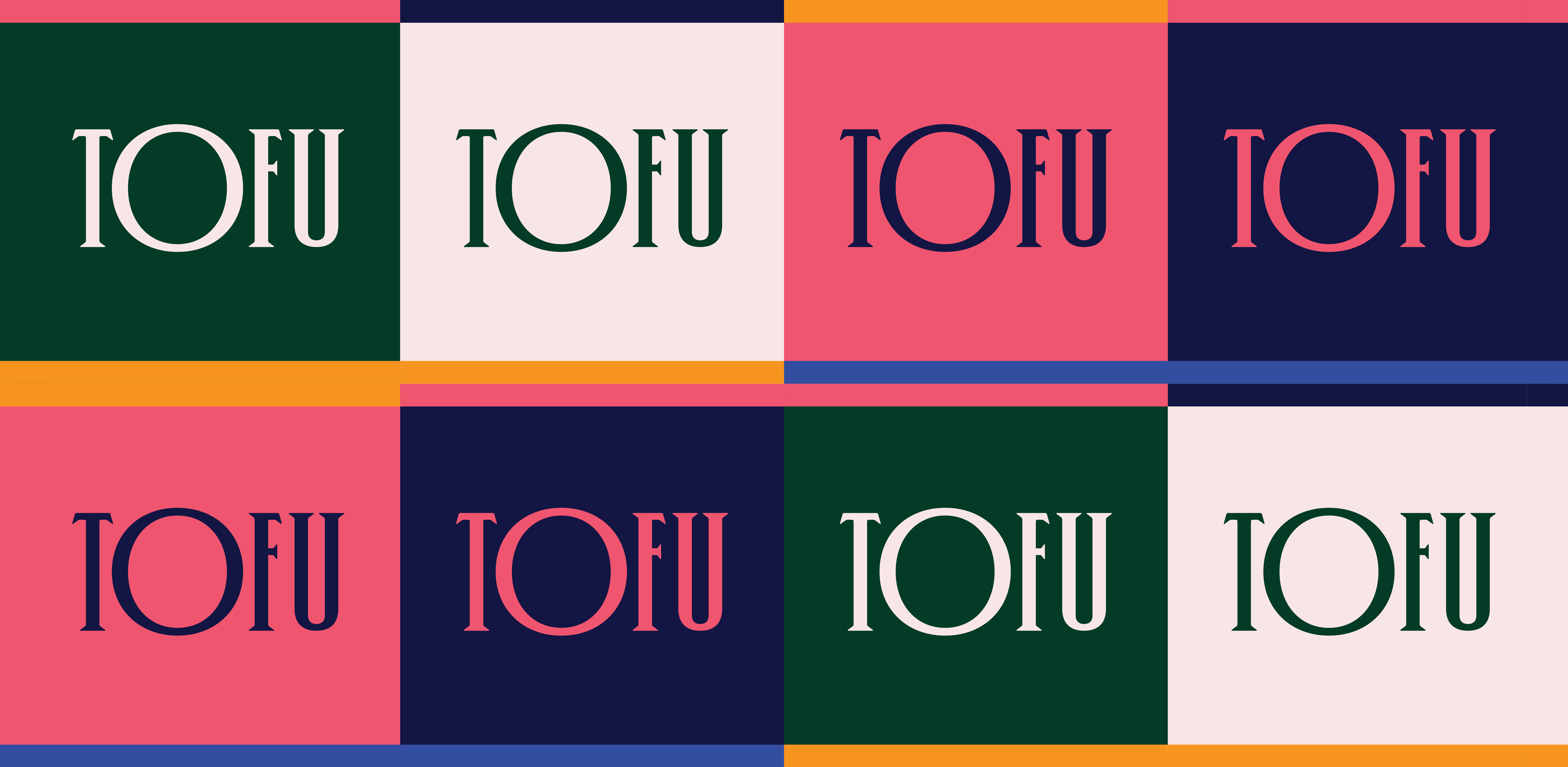 The Tofu Type Foundry logo set eight times showcasing the range of brand colours.