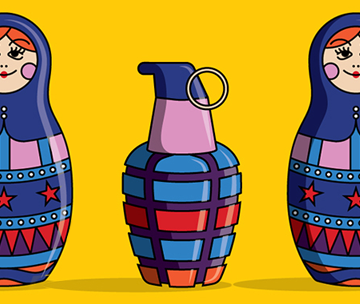 A group of cheerful Russian nesting dolls with a grenade placed beside them.