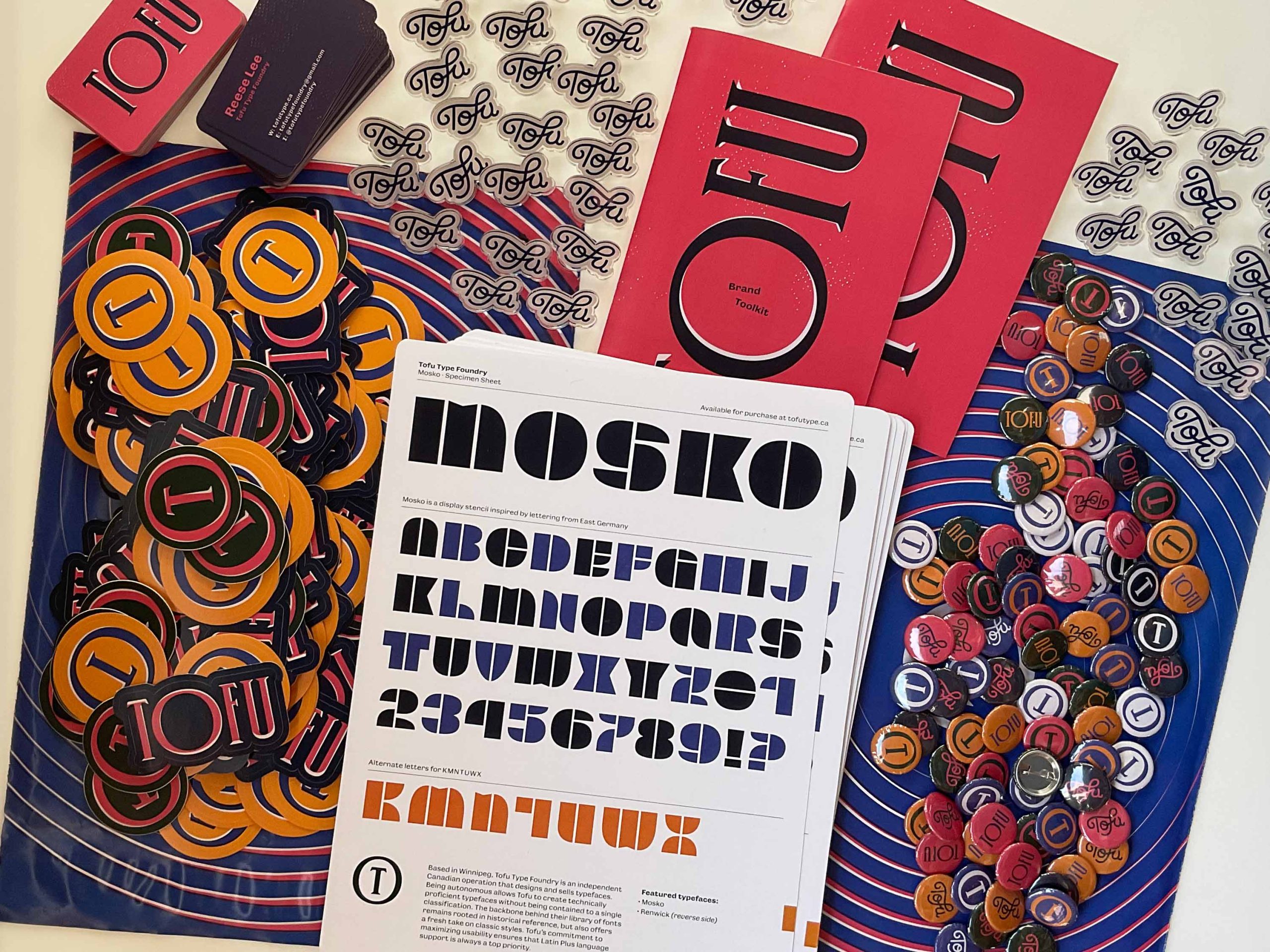 A table showcasing a wide range of colourful Tofu Type Foundry merchandise.